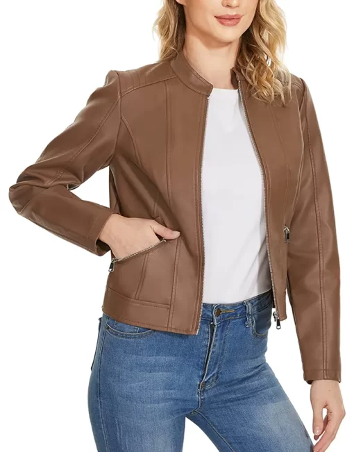 womens-stand-collar-brown-faux-leather-slim-fit-jacket