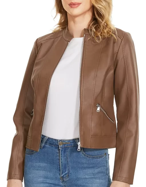 womens-stand-collar-brown-faux-leather-slim-fit-jacket