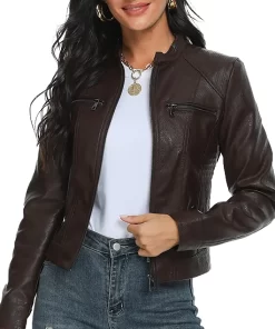 womens-stand-collar-coffee-brown-faux-leather-jacket
