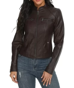 womens-stand-collar-coffee-brown-faux-leather-jacket