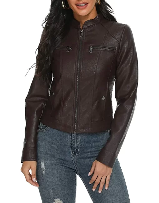 womens-stand-collar-coffee-brown-faux-leather-jacket