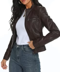 womens-stand-collar-coffee-brown-faux-leather-jacket