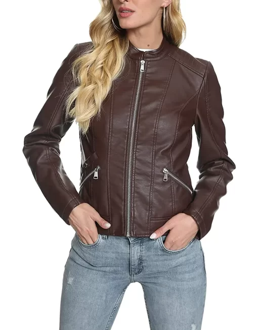 womens-stand-collar-dark-brown-faux-leather-jacket