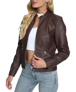 womens-stand-collar-dark-brown-faux-leather-jacket