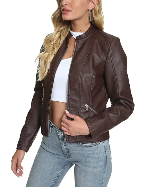 womens-stand-collar-dark-brown-faux-leather-jacket