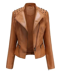 womens-studded-shoulder-brown-faux-leather-jacket