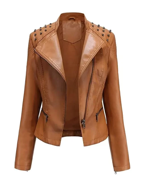womens-studded-shoulder-brown-faux-leather-jacket