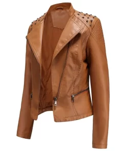 womens-studded-shoulder-brown-faux-leather-jacket