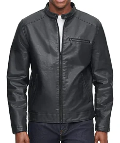 mens-banded-collar-black-faux-leather-racer-jacket