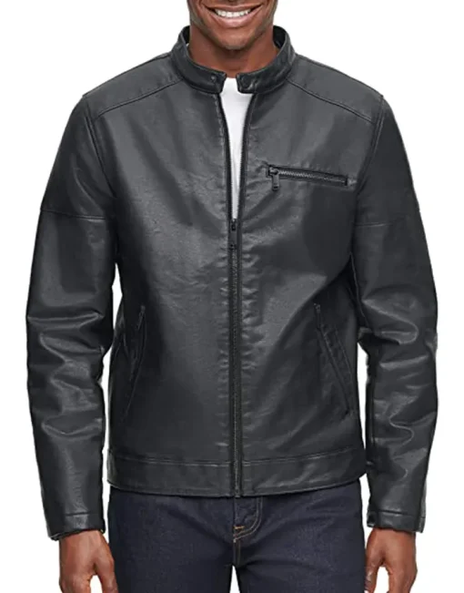 mens-banded-collar-black-faux-leather-racer-jacket