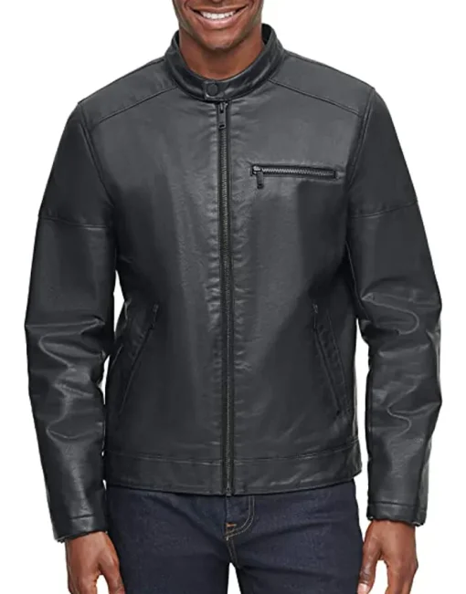 mens-banded-collar-black-faux-leather-racer-jacket