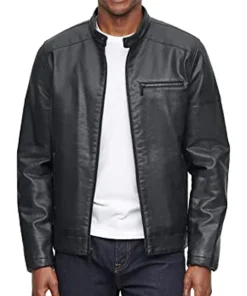 mens-banded-collar-black-faux-leather-racer-jacket