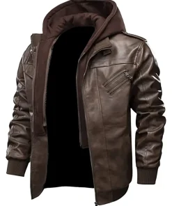 mens-brown-faux-leather-zip-up-bomber-jacket