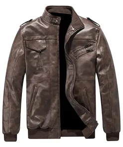 mens-brown-faux-leather-zip-up-bomber-jacket