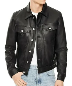 mens-classic-slim-fit-black-faux-leather-trucker-jacket