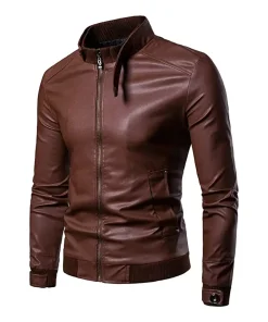 mens-stand-collar-brown-faux-leather-bomber-jacket