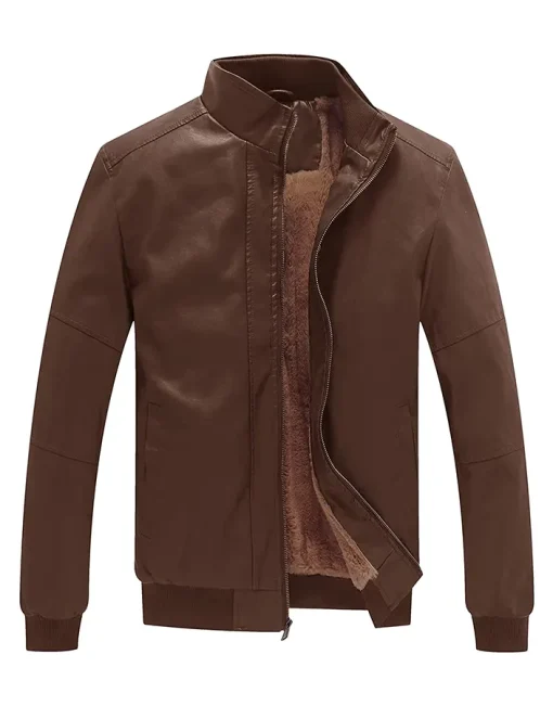 mens-stand-collar-fleece-lined-brown-faux-leather-bomber-jacket