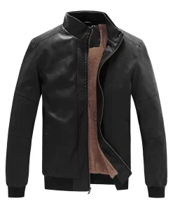 mens-stand-collar-fleece-lined-faux-leather-black-bomber-jacket
