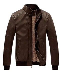 mens-stand-collar-fleece-lined-faux-leather-brown-bomber-jacket