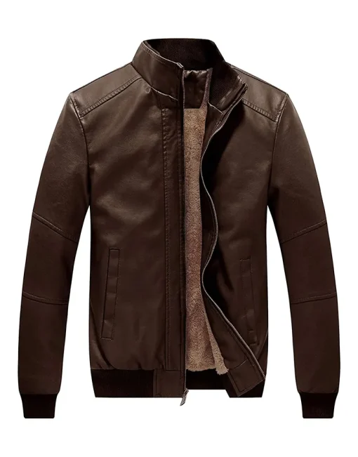 mens-stand-collar-fleece-lined-faux-leather-brown-bomber-jacket