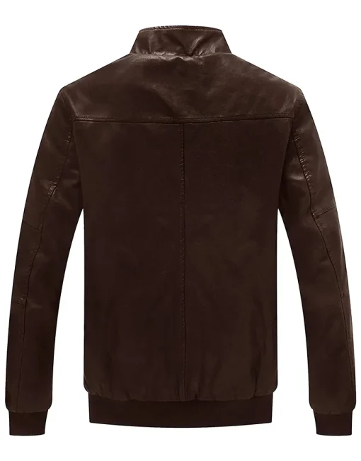 mens-stand-collar-fleece-lined-faux-leather-brown-bomber-jacket