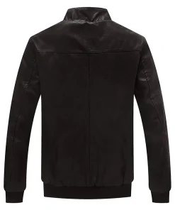 mens-stand-collar-fleece-lined-faux-leather-dark-brown-bomber-jacket