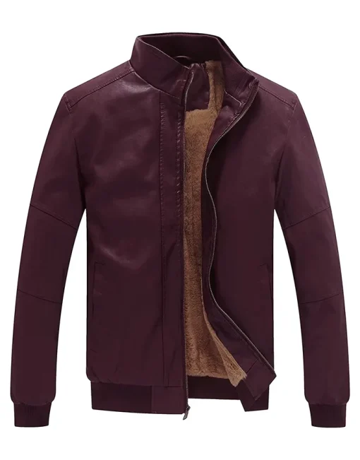 mens-stand-collar-fleece-lined-faux-leather-maroon-bomber-jacket