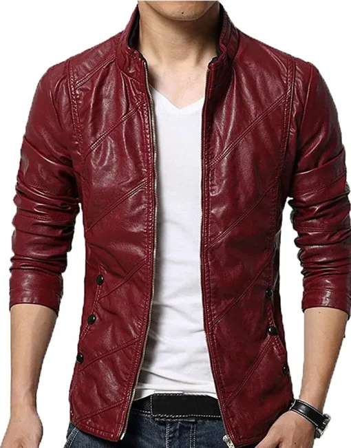 mens-stylish-slim-fit-stand-collar-maroon-faux-leather-jacket