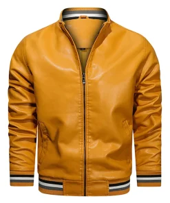 Men's Yellow Faux Leather Bomber Jacket 6 mens-yellow-faux-leather-bomber-jacket