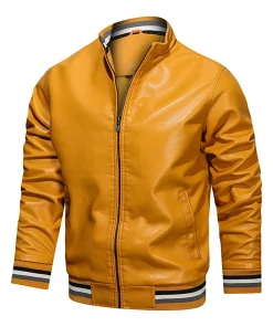 Men's Yellow Faux Leather Bomber Jacket 7 mens-yellow-faux-leather-bomber-jacket