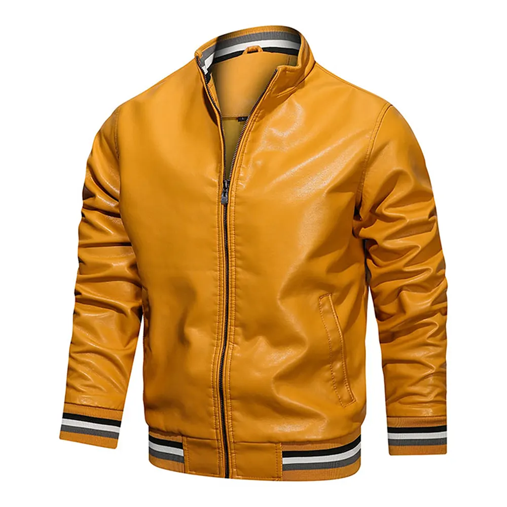Men's Yellow Faux Leather Bomber Jacket 4 mens-yellow-faux-leather-bomber-jacket