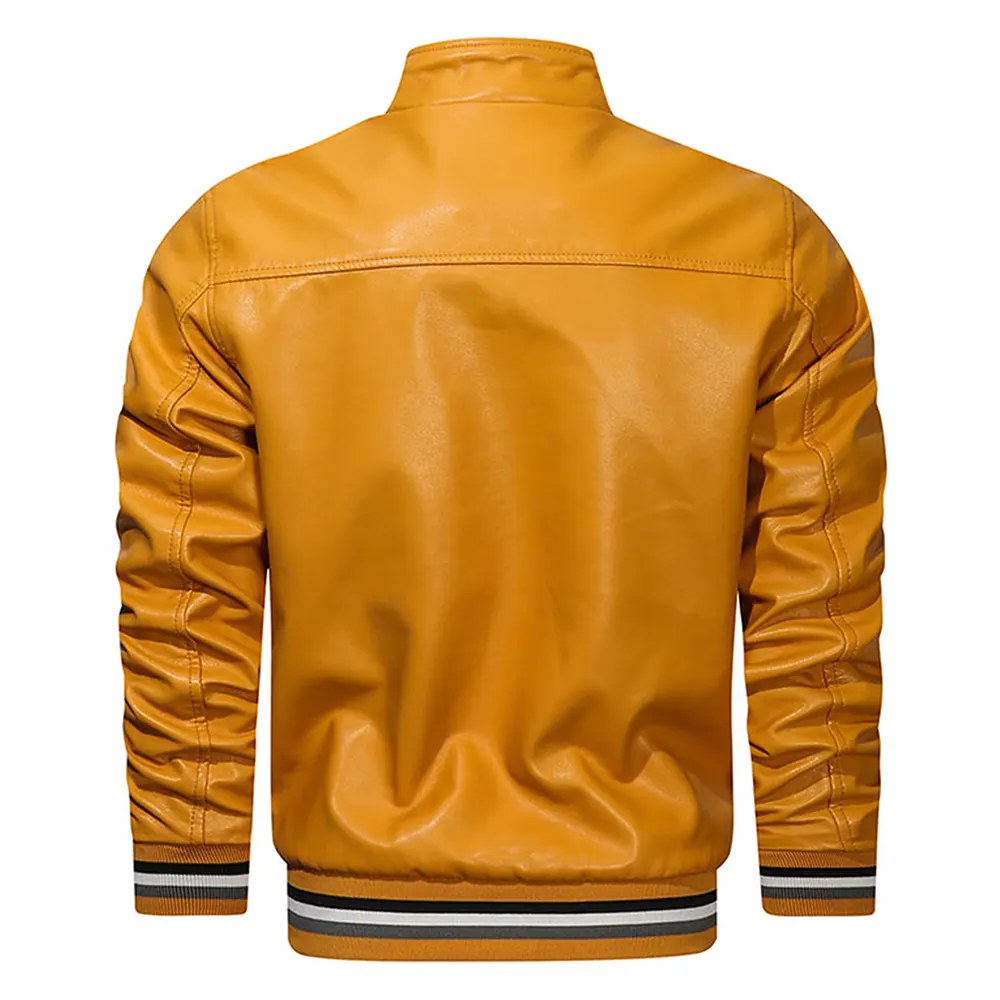 Men's Yellow Faux Leather Bomber Jacket 2 mens-yellow-faux-leather-bomber-jacket