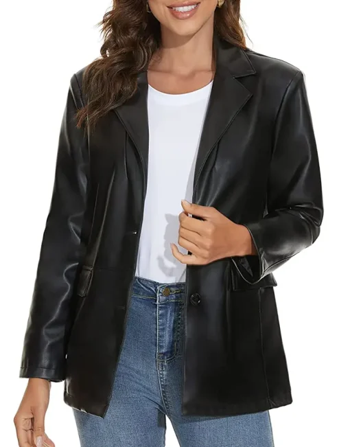 womens-black-faux-leather-blazer