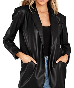 womens-button-down-black-faux-leather-blazer