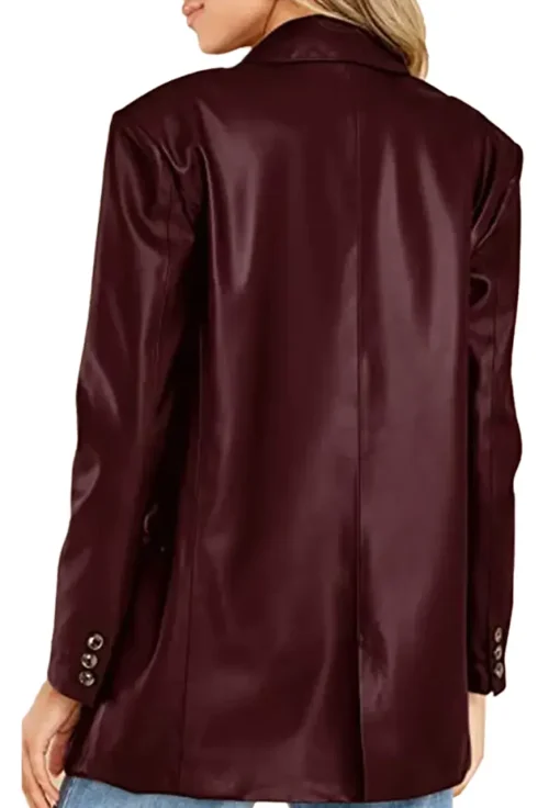 Women's Button Down Burgundy Faux Leather Blazer - Image 2
