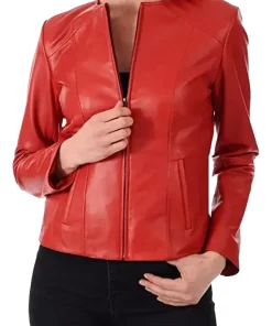womens-slim-fit-collarless-red-faux-leather-jacket