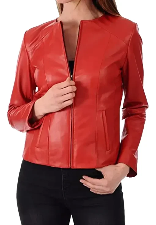 womens-slim-fit-collarless-red-faux-leather-jacket