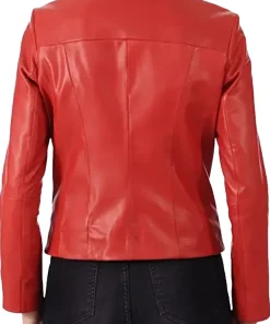 womens-slim-fit-collarless-red-faux-leather-jacket