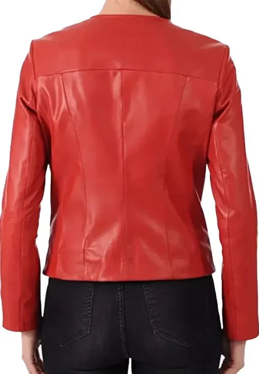 womens-slim-fit-collarless-red-faux-leather-jacket