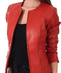 womens-slim-fit-collarless-red-faux-leather-jacket