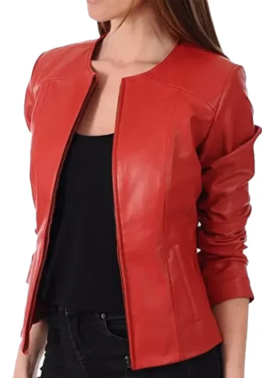 womens-slim-fit-collarless-red-faux-leather-jacket