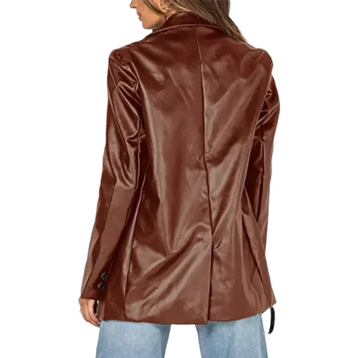womens-lapel-button-down-faux-leather-brown-blazer