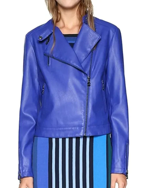 womens-lapel-collar-blue-faux-leather-jacket