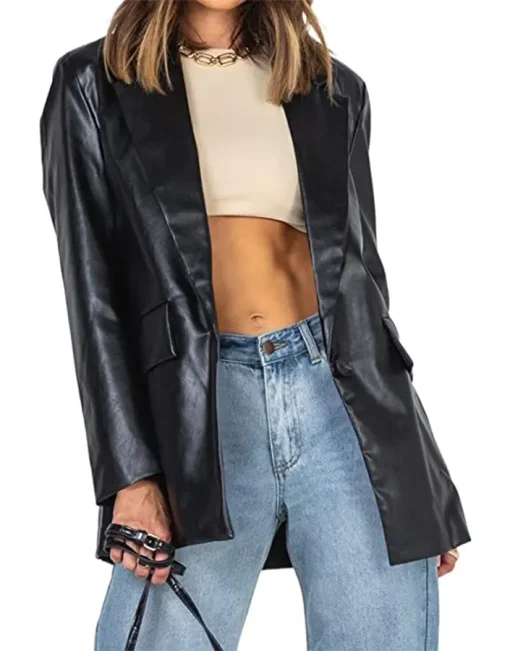 womens-long-sleeve-lapel-button-down-faux-leather-black-blazer