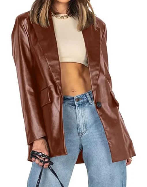 womens-long-sleeve-lapel-button-down-faux-leather-brown-blazer