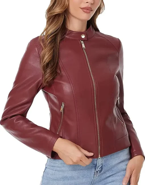 womens-maroon-faux-leather-zip-up-slim-fit-jacket