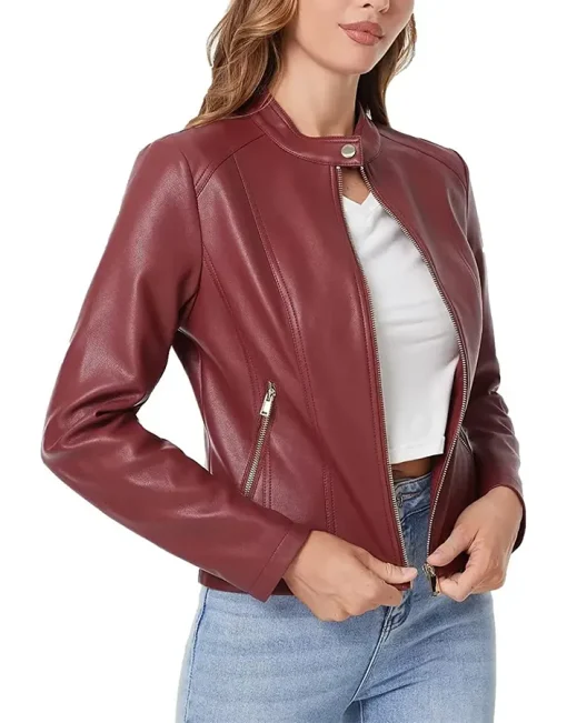 womens-maroon-faux-leather-zip-up-slim-fit-jacket