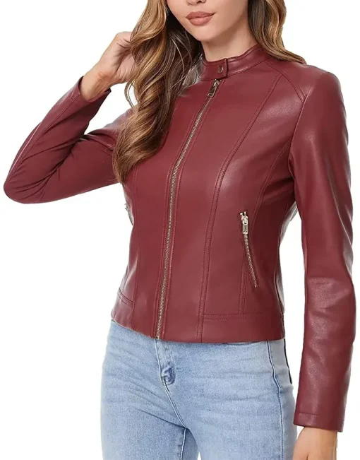 womens-maroon-faux-leather-zip-up-slim-fit-jacket