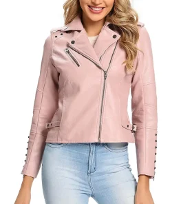womens-pink-faux-leather-long-sleeve-jacket