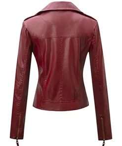 Alternative view of Women’s Slim Fit Burgundy Faux Leather Moto Biker Jacket